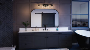 A bathroom with a UQL3818 Modern Farmhouse Bath Fixture 7.75''H x 28''W, Matte Black Finish, Bideford Collection by Urban Ambiance lighting fixture.