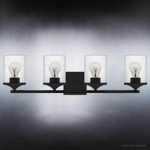 A unique Urban Ambiance bathroom fixture with four UQL3818 Modern Farmhouse Bath Fixture 7.75''H x 28''W, Matte Black Finish, Bideford Collection