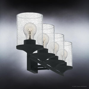 A UQL3818 Modern Farmhouse Bath Fixture 7.75''H x 28''W, Matte Black Finish, Bideford Collection bathroom fixture with a gorgeous light bulb in the middle