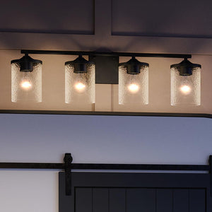 A gorgeous bathroom with a unique Urban Ambiance UQL3818 Modern Farmhouse Bath Fixture 7.75''H x 28''W, Matte Black Finish, Bideford Collection light fixture