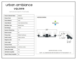 Unique matte black lighting fixture from the UQL3818 Modern Farmhouse Bath Fixture 7.75''H x 28''W Bideford Collection adds a gorgeous touch to any urban