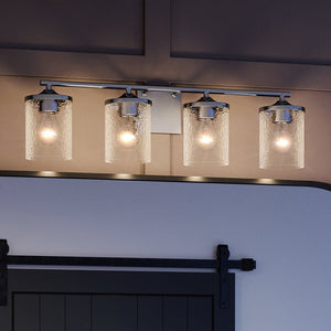 A gorgeous Urban Ambiance bathroom light fixture, named UQL3819 Modern Farmhouse Bath Fixture 7.75''H x 28''W, with a glass shade and Polished Chrome finish