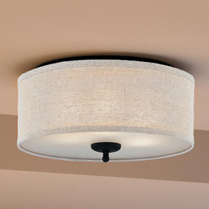 A unique Urban Ambiance UQL3820 Classic Ceiling 8.25''H x 16''W lamp, featuring a matte black finish and a gorgeous beige fabric shade from the New