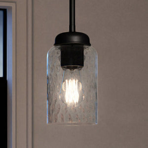 A beautiful Urban Ambiance UQL3823 Classic Pendant 7.75''H x 4''W lighting fixture from the Newquay Collection, featuring a glass jar hanging above a