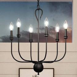 An Urban Ambiance UQL3825 Classic Chandelier 26''H x 22''W with a Matte Black Finish, from their Newquay Collection, hanging in a room with a gorgeous