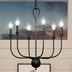 An Urban Ambiance UQL3825 Classic Chandelier 26''H x 22''W with a Matte Black Finish, from their Newquay Collection, hanging in a room with a gorgeous