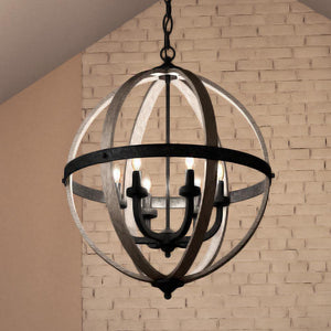 An Urban Ambiance UQL3851 Old World Chandelier 28.5''H x 24.75''W, Antique Black Finish, Blackburn Collection hanging from a brick wall as a unique