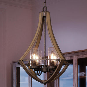 An UQL3900 Modern Farmhouse Chandelier, a beautiful lighting fixture with a wooden frame and glass shades.