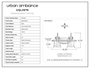 Urban Ambiance UQL3976 Modern Farmhouse Bath Fixture 9.75''H x 16.25''W, Natural Black Finish with unique design from Wrexham Collection.