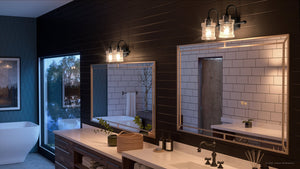 An image of a beautiful bathroom with black walls and the Urban Ambiance UQL3976 Modern Farmhouse Bath Fixture 9.75''H x 16.25''W, Natural Black Finish