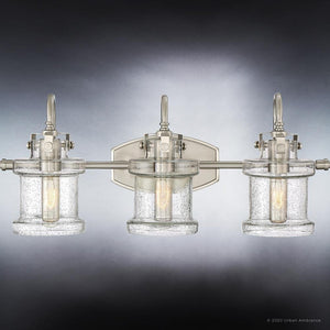Three luxury Modern Farmhouse Bath Fixtures with beautiful glass shades by Urban Ambiance.