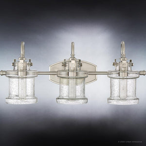 Three beautiful Modern Farmhouse Bath Fixtures with glass shades by Urban Ambiance.