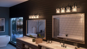A bathroom with two UQL3982 Modern Farmhouse Bath Fixtures 9.75''H x 32''W, Natural Black Finish, Wrexham Collection by Urban Ambiance sinks and