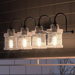 An Urban Ambiance bathroom light fixture with four unique UQL3982 Modern Farmhouse Bath Fixture 9.75''H x 32''W, Natural Black Finish, Wrexham Collection lights