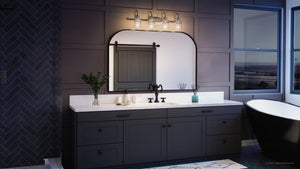 A bathroom with a unique Urban Ambiance black vanity and a large mirror.