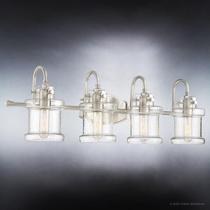 Four UQL3984 Modern Farmhouse Bath Fixtures with beautiful clear glass shades (Brand: Urban Ambiance).
