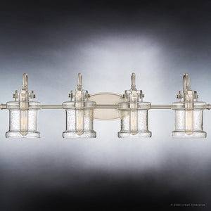 Four beautiful UQL3984 Modern Farmhouse Bath Fixtures with glass shades, from the Urban Ambiance Wrexham Collection.