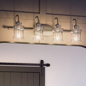 A beautiful bathroom with an Urban Ambiance UQL3984 Modern Farmhouse Bath Fixture 9.75''H x 32''W, Brushed Nickel Finish, Wrexham Collection lighting fixture