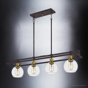 An UQL4030 Utilitarian Chandelier with glass globes, from the Preston Collection by Urban Ambiance, beautiful and luxurious.