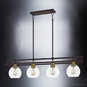 A beautiful UQL4030 Utilitarian Chandelier 10''H x 40''W, Black Bronze Finish, Preston Collection with clear glass globes.