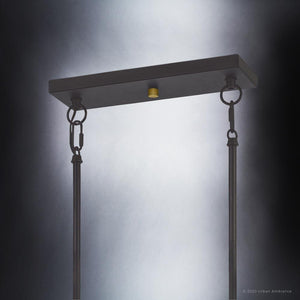 An Urban Ambiance Utilitarian Chandelier 10''H x 40''W, Black Bronze Finish, Preston Collection with a metal chain hanging from it, creating a beautiful ambiance.