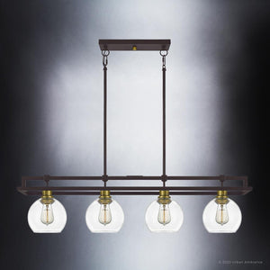 An UQL4030 Utilitarian Chandelier with four glass globes and a brass finish, a beautiful lighting fixture from the Urban Ambiance's Preston Collection.