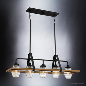 A gorgeous Urban Ambiance UQL4052 Famhouse lighting fixture with a wooden frame and glass shades.