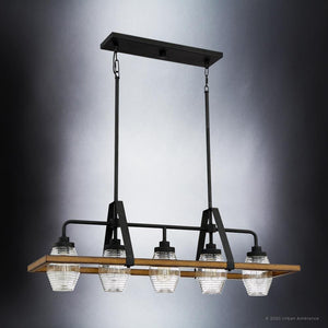 An unique UQL4052 Famhouse Chandelier 14.25''H x 39.5''W, Ash Black Finish from the Kendal Collection by Urban Ambiance featuring four glass jars
