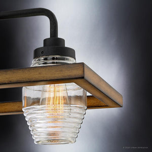 A gorgeous UQL4052 Famhouse Chandelier 14.25''H x 39.5''W, Ash Black Finish, Kendal Collection lighting fixture with a wooden frame and