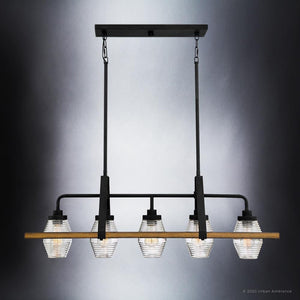 A unique UQL4052 Farmhouse Chandelier boasting a gorgeous Ash Black Finish and glass shades.