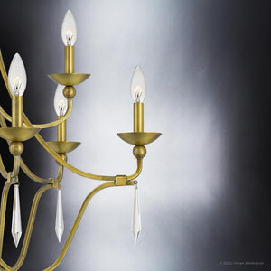 The Urban Ambiance UQL4072 XL Ayr Collection chandelier, 31''H x 32''W in Olde Brass, features traditional candle-style bulbs and sparkling crystal accents.
