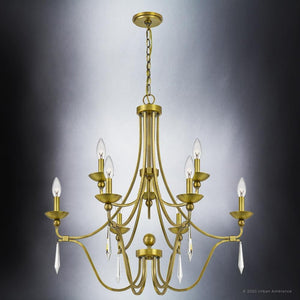 The Urban Ambiance UQL4072 XL Ayr Collection chandelier features an Olde Brass finish with eight arms, candle-style bulbs, and crystal accents, offering timeless elegance at 31