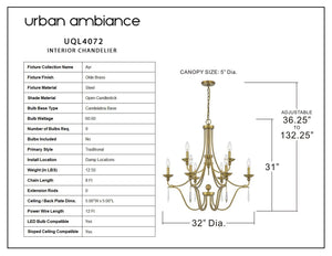 The Urban Ambiance UQL4072 XL Ayr Collection chandelier features an Olde Brass finish, 8 open candlestick lights, crystal accents, 31