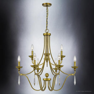The Urban Ambiance UQL4072 Ayr Collection chandelier in Olde Brass features eight candle bulbs, crystal pendants, and elegant curved arms, measuring 31''H x 32''W—perfect as a traditional statement piece for any classic space.