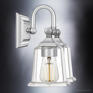 A gorgeous UQL4114 Traditional Bath Fixture 10''H x 15''W, Polished Chrome Finish, Edinburgh Collection by Urban Ambiance luxury wall sconce with a clear glass bulb