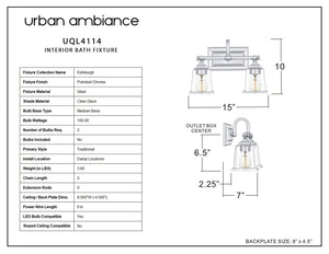 Urban Ambiance - UQL4114 Traditional Bath Fixture 10''H x 15''W, Polished Chrome Finish, Edinburgh Collection - beautiful 2 light wall sconce.