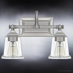 An Urban Ambiance luxury light fixture with two UQL4115 Traditional Bath Fixture 10''H x 15''W, Brushed Nickel Finish, Edinburgh Collection clear glass shades.