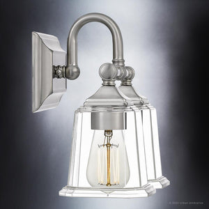 An Urban Ambiance UQL4115 Traditional Bath Fixture 10''H x 15''W, Brushed Nickel Finish, Edinburgh Collection luxury wall sconce with a clear glass bulb