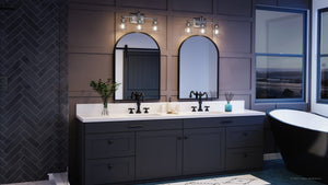 A luxury bathroom with two sinks and a gorgeous UQL4117 Traditional Bath Fixture 10''H x 22''W, Polished Chrome Finish, Edinburgh Collection by Urban Ambiance.