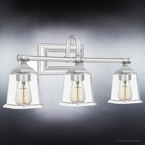 Three beautiful UQL4117 Traditional Bath Fixtures 10''H x 22''W, Polished Chrome Finish, Edinburgh Collection with clear glass shades by Urban Ambiance.