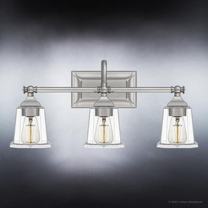 Three UQL4118 Traditional Bath Fixture 10''H x 22''W, Brushed Nickel Finish, Edinburgh Collection with unique clear glass shades by Urban Ambiance.