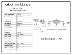 Urban ambiance - UQL4118 Traditional Bath Fixture 10''H x 22''W, Brushed Nickel Finish, Edinburgh Collection - UQL4118 Traditional Bath Fixture 10''H x