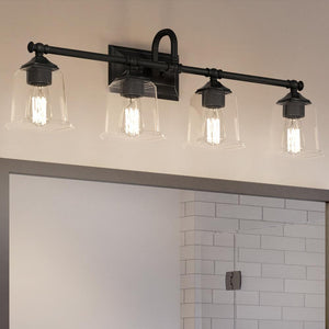 A bathroom with unique Urban Ambiance lighting fixtures and a mirror.