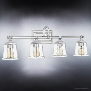 Four UQL4120 Unique Bath Fixtures 10''H x 30.5''W, Polished Chrome Finish, Edinburgh Collection with clear glass shades.