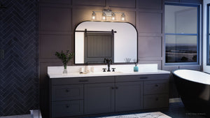 A bathroom with a unique lighting fixture and a gorgeous UQL4120 Traditional Bath Fixture 10''H x 30.5''W, Polished Chrome Finish, Edinburgh Collection mirror.