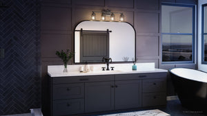 A gorgeous bathroom with a black vanity and mirror from Urban Ambiance, featuring a stunning lighting fixture.