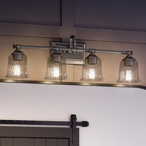A stunning Urban Ambiance bathroom light fixture with a barn door, the UQL4121 Traditional Bath Fixture boasting a gorgeous brushed nickel finish from the Edinburgh Collection.