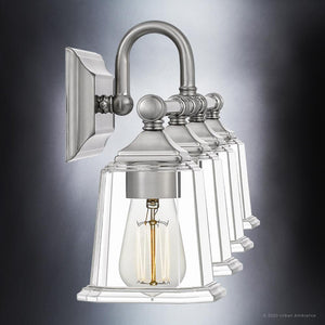 Three UQL4121 Traditional Bath Fixture 10''H x 30.5''W, Brushed Nickel Finish, Edinburgh Collection wall sconce with clear glass bulbs by Urban Amb
