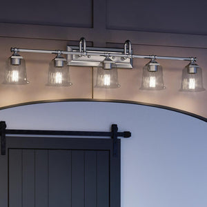 An Urban Ambiance UQL4122 Traditional Bath Fixture with a gorgeous Polished Chrome Finish, Edinburgh Collection with glass shades and a barn door.