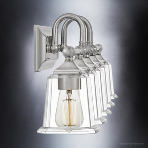 Three UQL4123 Traditional Bath Fixtures 10.75''H x 41.75''W, Brushed Nickel Finish, Edinburgh Collection wall sconces featuring beautiful clear glass bulbs by